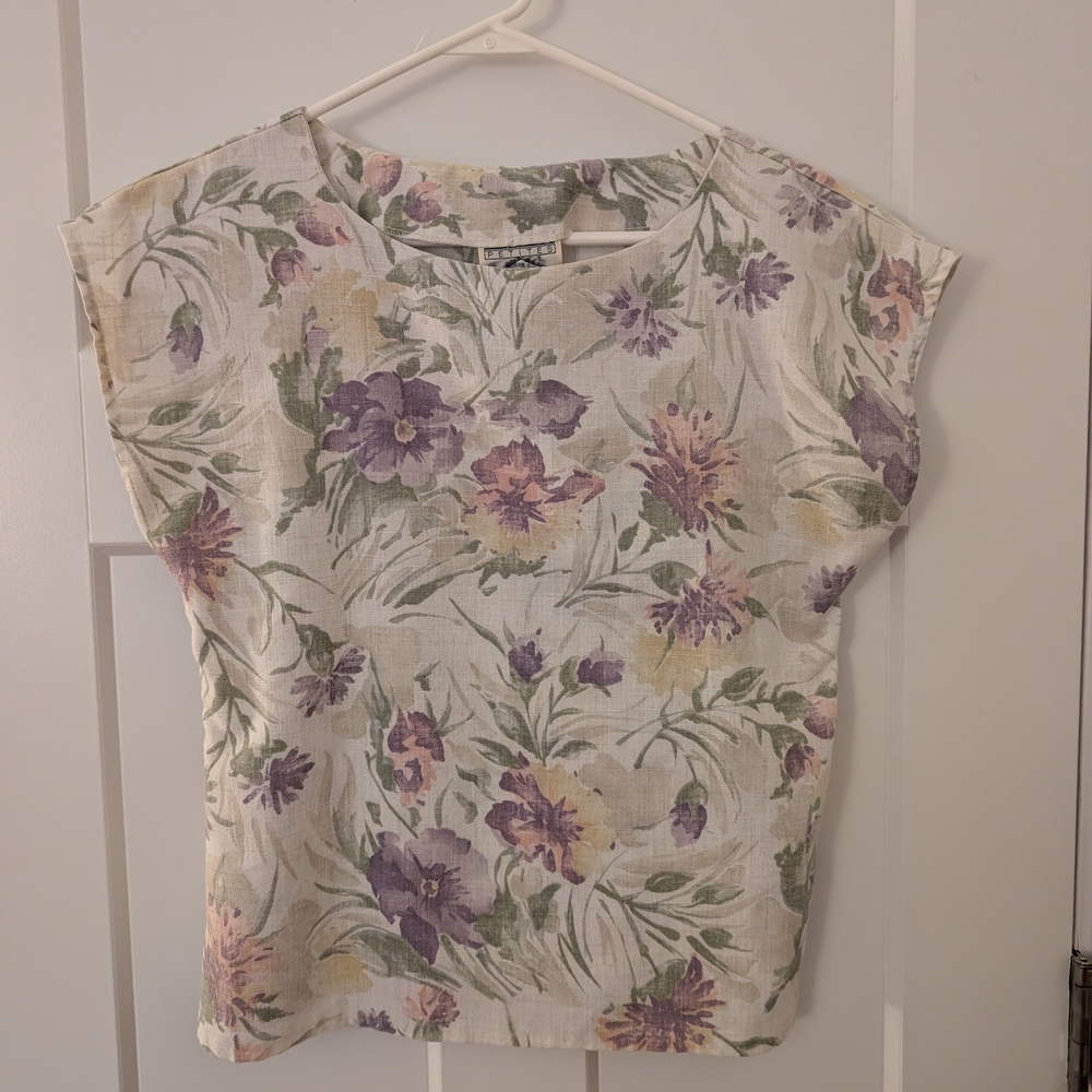 Vintage 80s Floral Cap Sleeve Top in Purple, Cream & Green